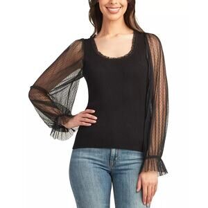 NEW BCX Black Mesh Clip Dot Top Size Small Long Sleeve Ruffle Polka Dot Ribbed